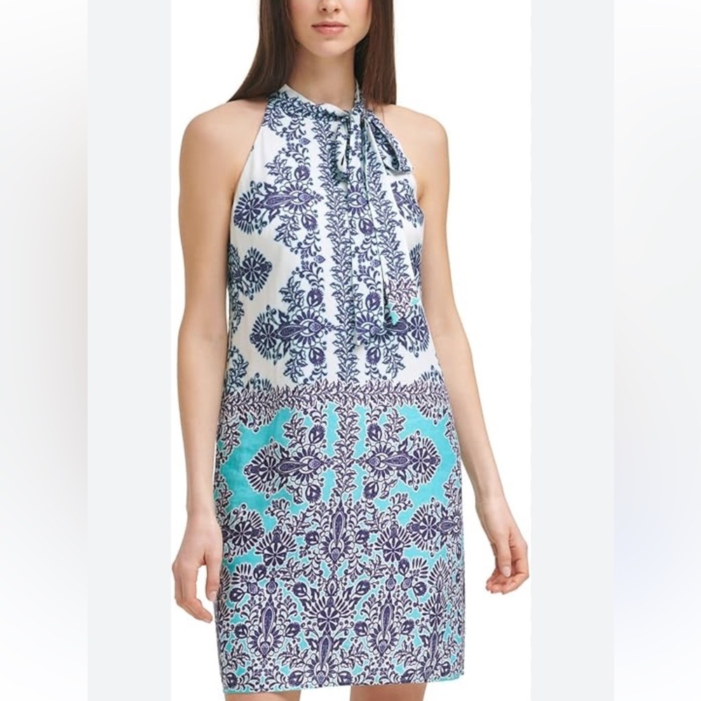 VINCE CAMUTO Printed Linen Bow Neck Shift Size 8P